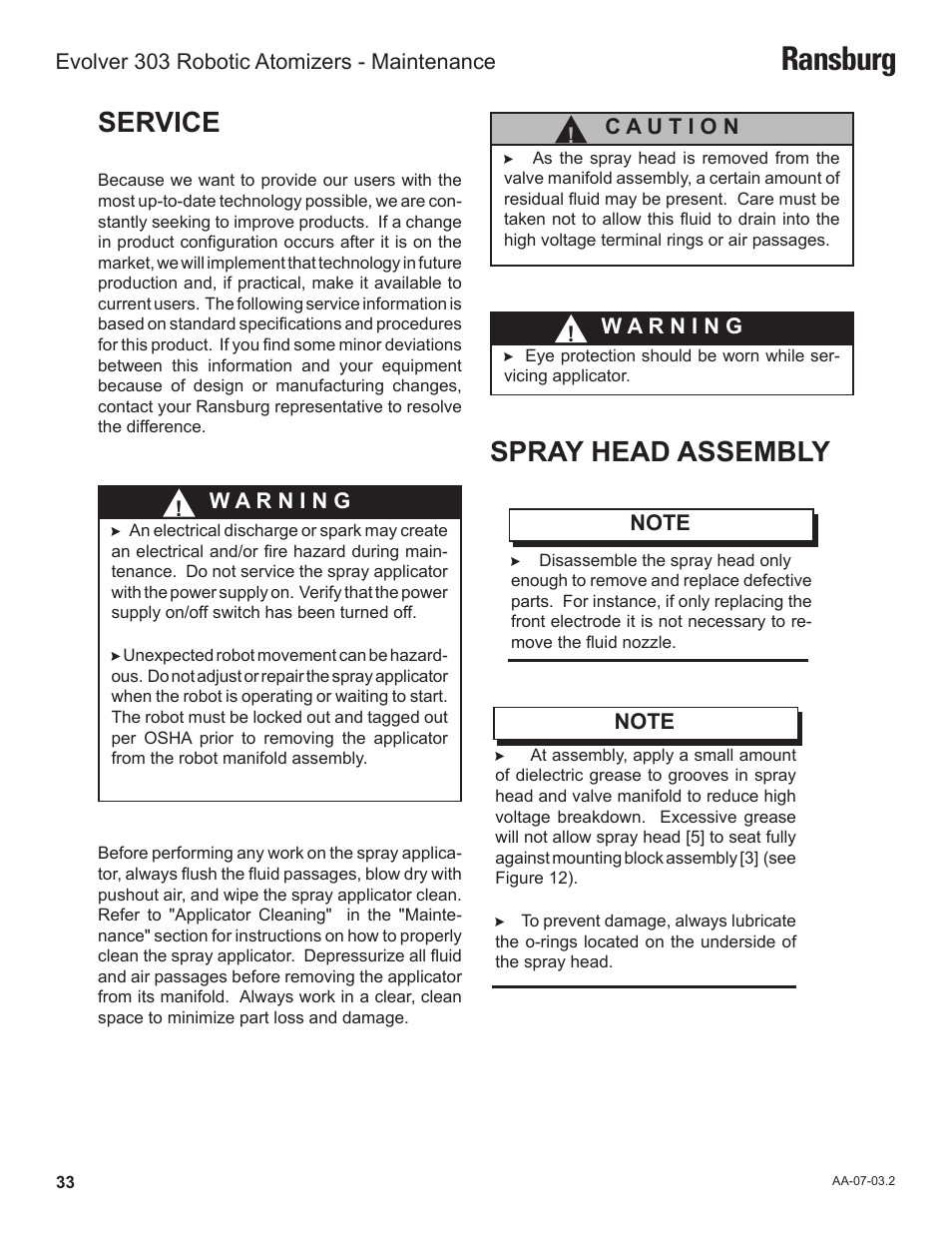 Ransburg, Service, Spray head assembly | Ransburg Evolver 303 Solvent Applicator A11976-XXX User Manual | Page 36 / 85