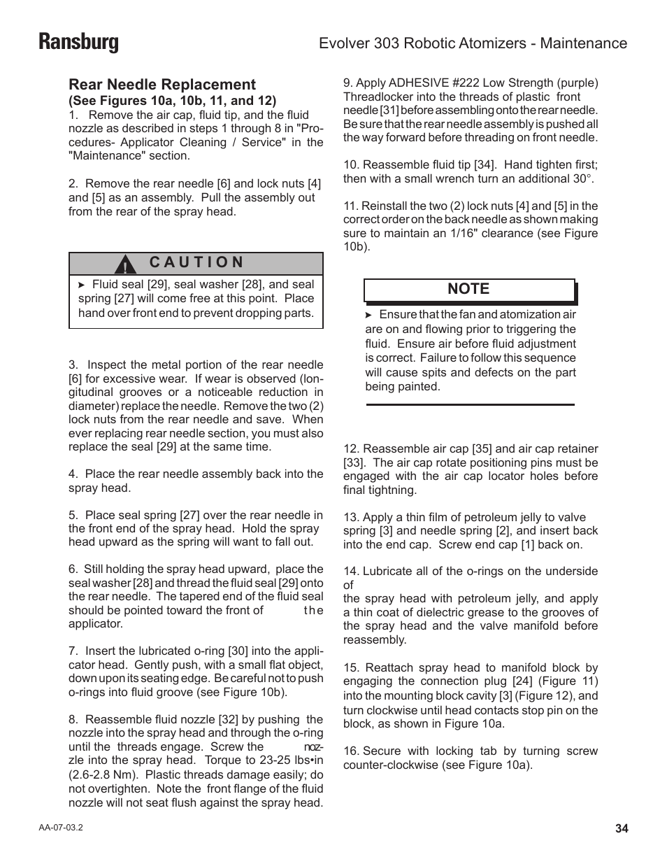 Ransburg, Rear needle replacement, Evolver 303 robotic atomizers - maintenance | Ransburg Evolver 303 Solvent Applicator A11976-XXX User Manual | Page 37 / 85