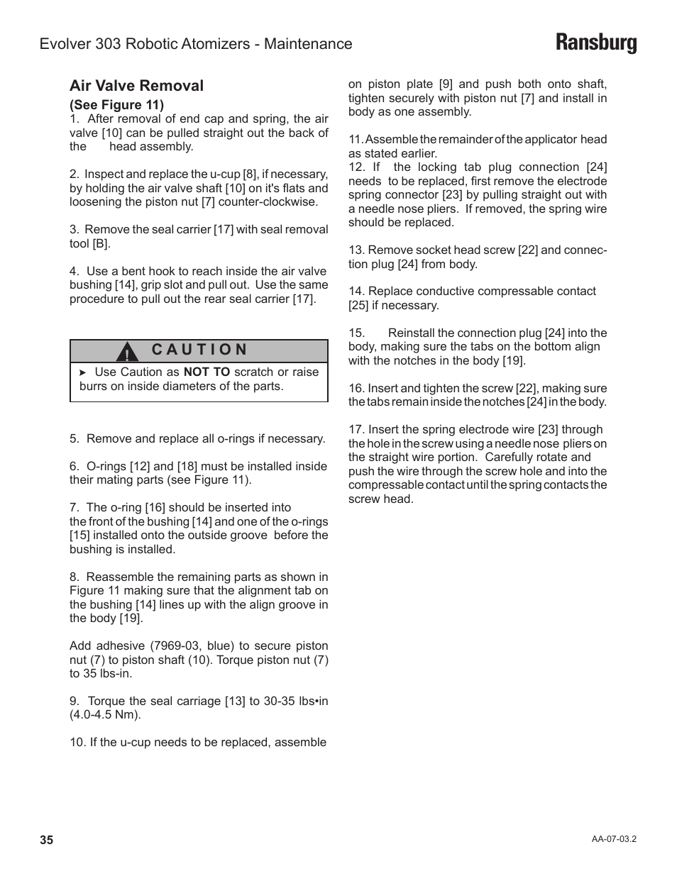 Ransburg, Air valve removal, Evolver 303 robotic atomizers - maintenance | Ransburg Evolver 303 Solvent Applicator A11976-XXX User Manual | Page 38 / 85