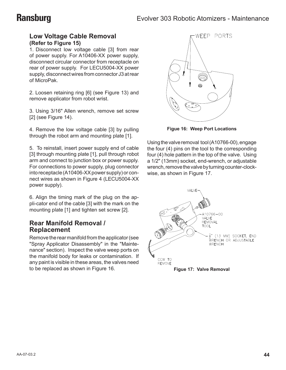 Ransburg, Low voltage cable removal, Rear manifold removal / replacement | Evolver 303 robotic atomizers - maintenance | Ransburg Evolver 303 Solvent Applicator A11976-XXX User Manual | Page 47 / 85