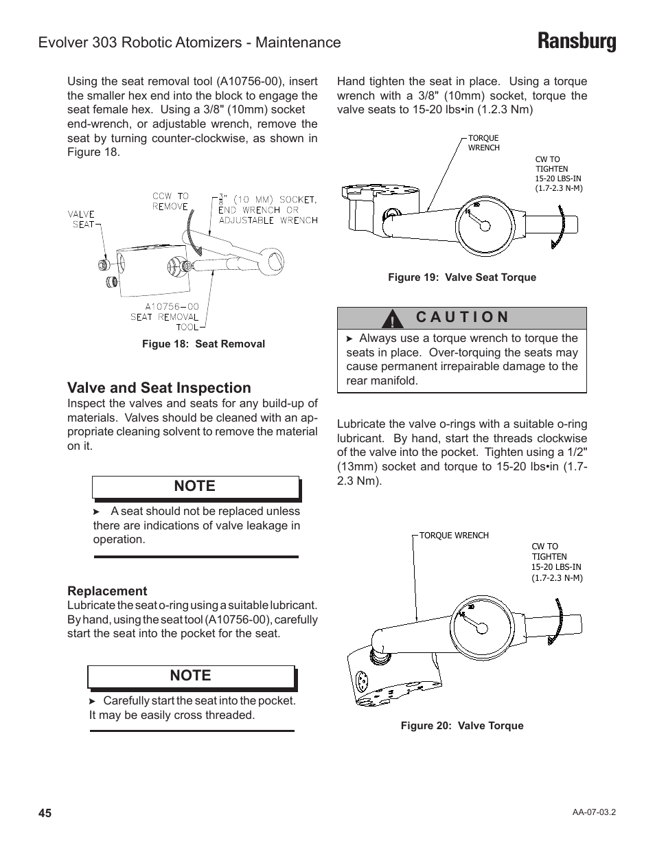 Ransburg, Valve and seat inspection, Evolver 303 robotic atomizers - maintenance | Ransburg Evolver 303 Solvent Applicator A11976-XXX User Manual | Page 48 / 85