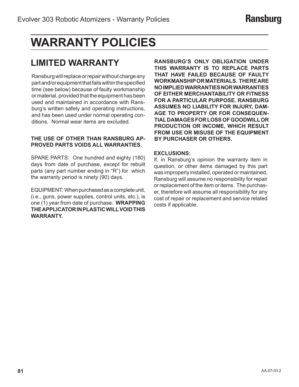 Warranty policies, Ransburg, Limited warranty | Ransburg Evolver 303 Solvent Applicator A11976-XXX User Manual | Page 84 / 85