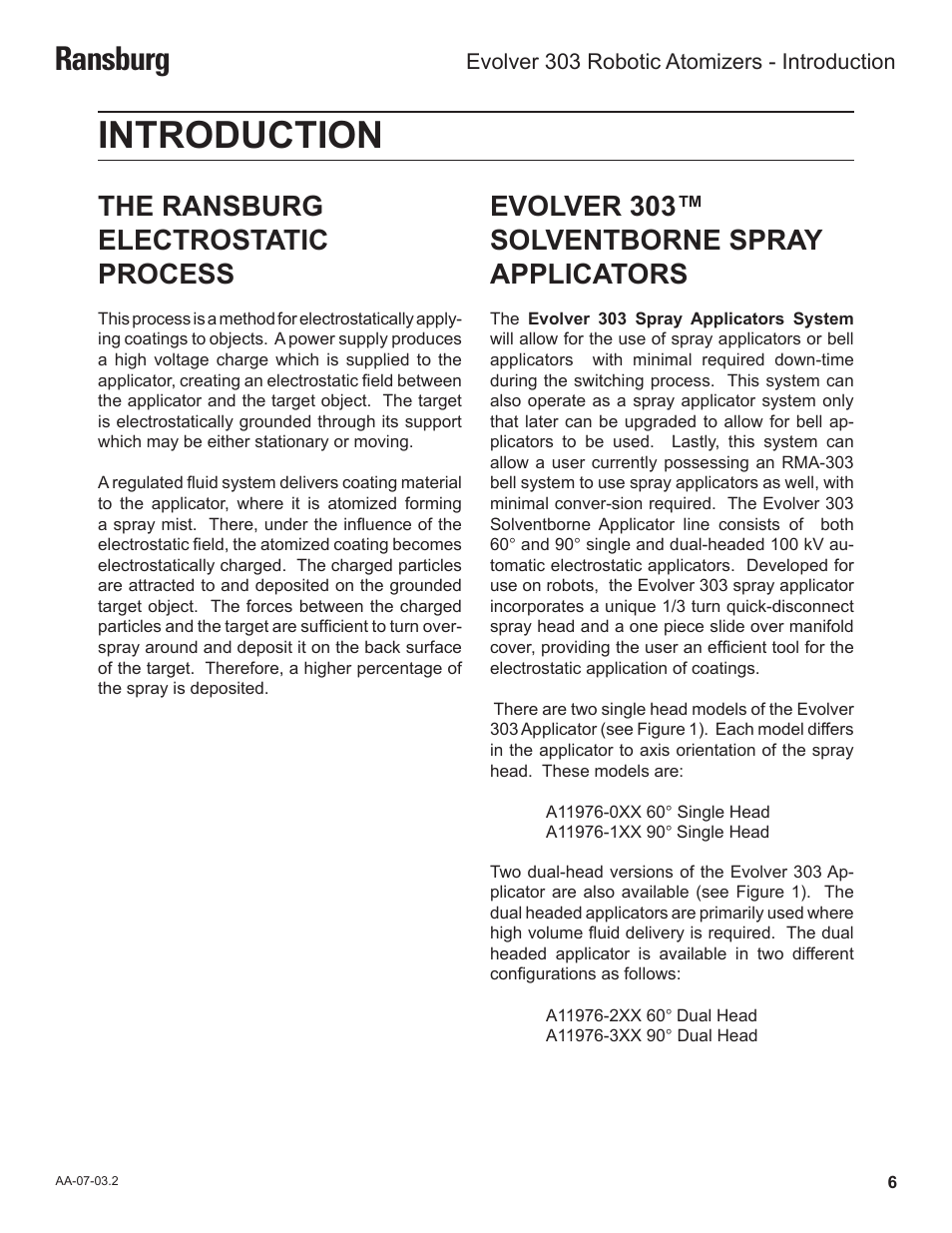 Introduction, Ransburg, The ransburg electrostatic process | Evolver 303™ solventborne spray applicators | Ransburg Evolver 303 Solvent Applicator A11976-XXX User Manual | Page 9 / 85
