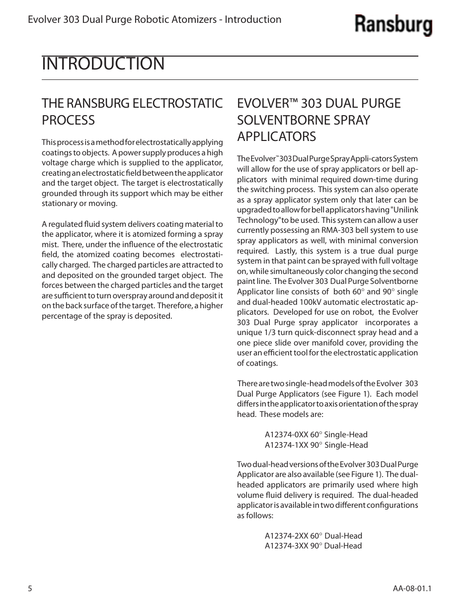 Introduction, The ransburg electrostatic process | Ransburg Evolver 303 Dual Purge Solvent Robotic Applicator A12374-XXX User Manual | Page 10 / 86