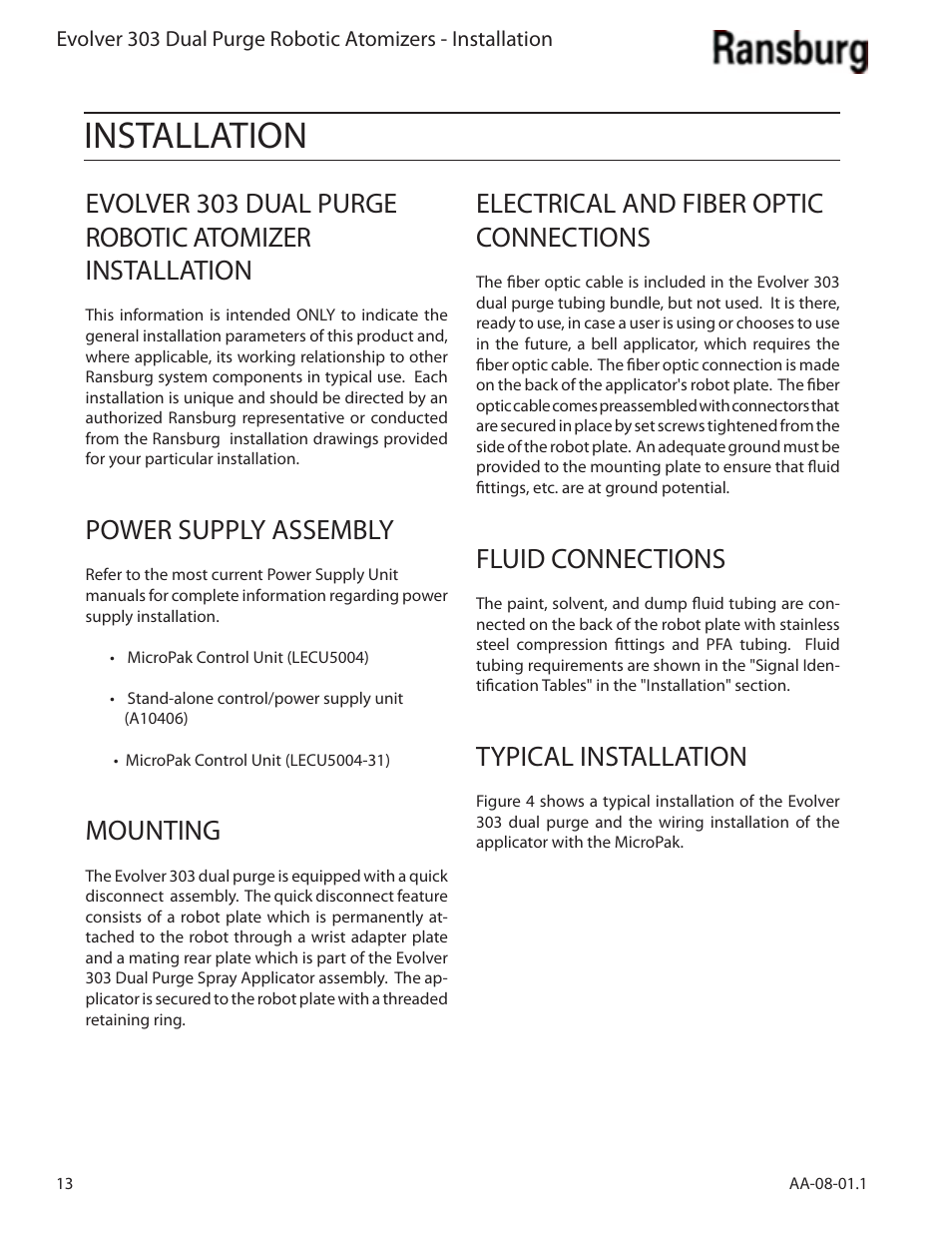 Installation, Power supply assembly, Mounting | Electrical and fiber optic connections, Fluid connections, Typical installation | Ransburg Evolver 303 Dual Purge Solvent Robotic Applicator A12374-XXX User Manual | Page 18 / 86
