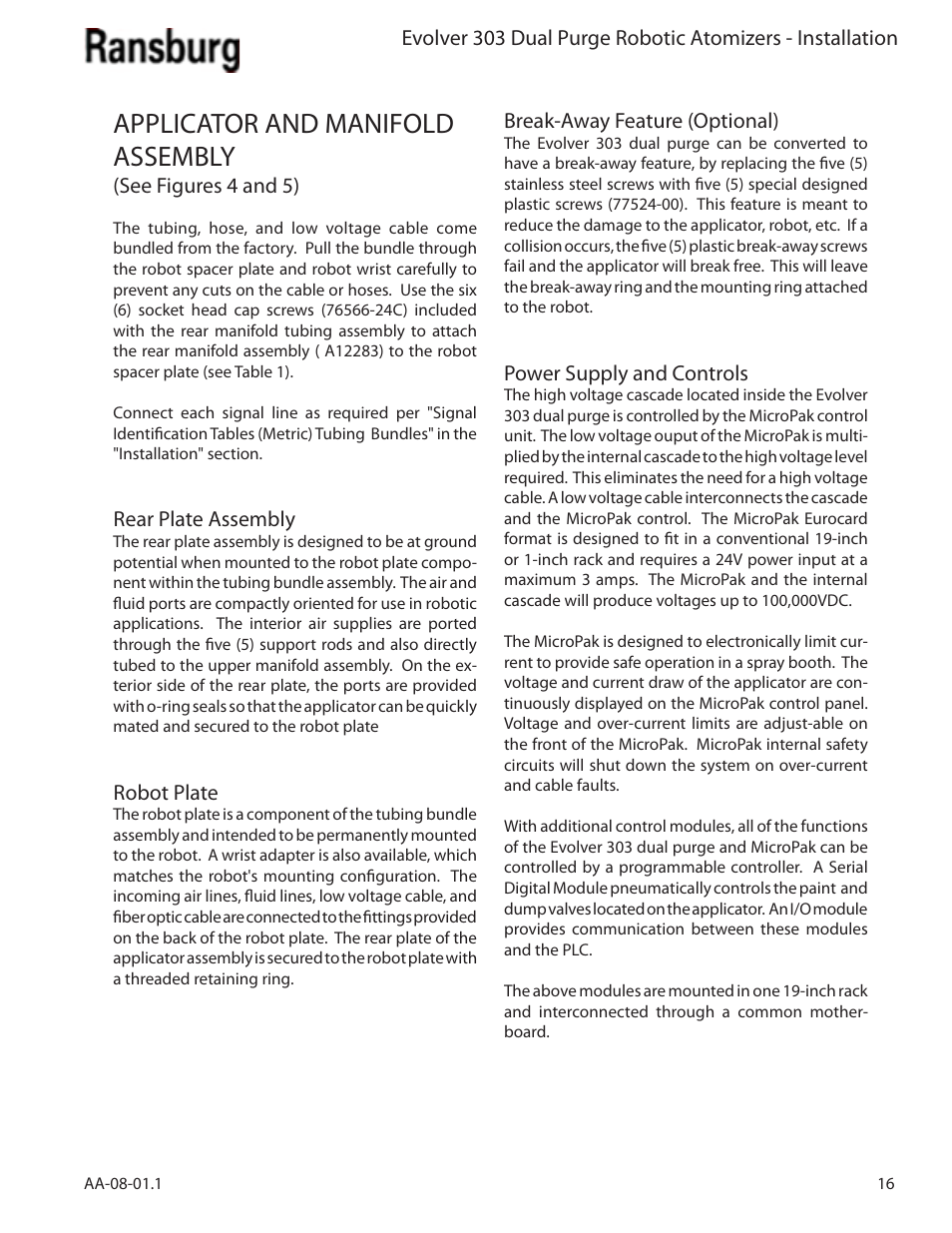 Applicator and manifold assembly | Ransburg Evolver 303 Dual Purge Solvent Robotic Applicator A12374-XXX User Manual | Page 21 / 86