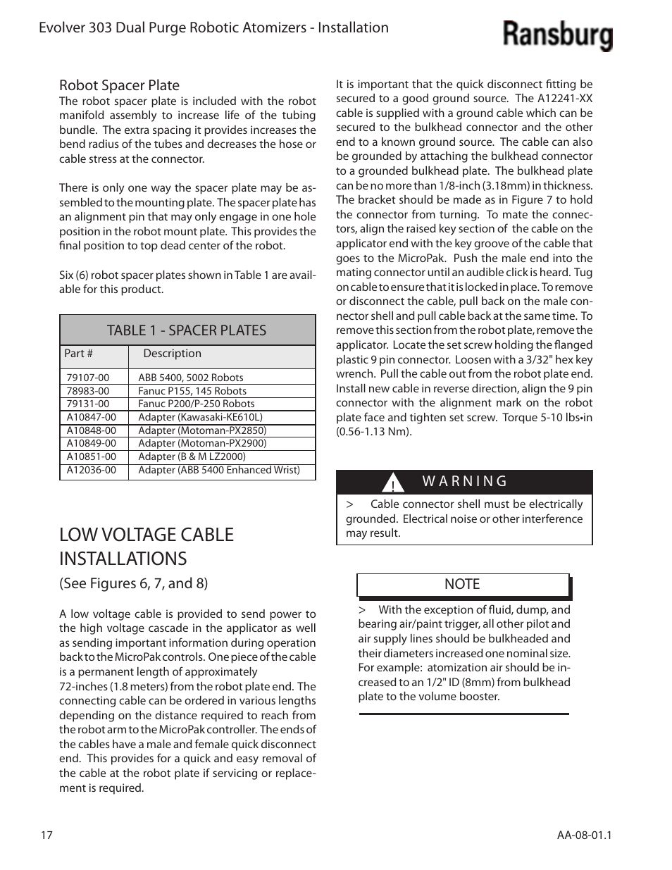 Low voltage cable installations, See figures 6, 7, and 8), Table 1 - spacer plates | Ransburg Evolver 303 Dual Purge Solvent Robotic Applicator A12374-XXX User Manual | Page 22 / 86