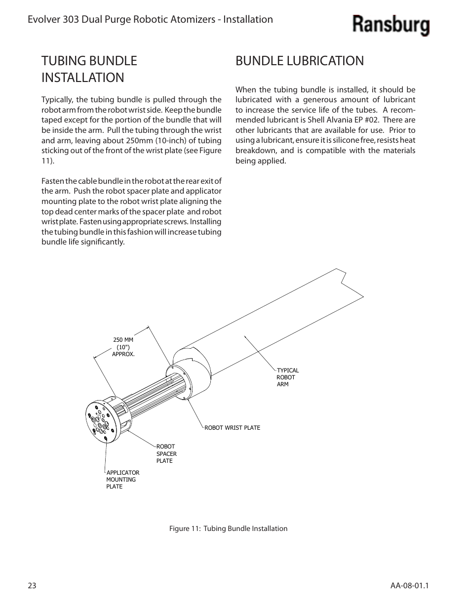 Tubing bundle installation, Bundle lubrication | Ransburg Evolver 303 Dual Purge Solvent Robotic Applicator A12374-XXX User Manual | Page 28 / 86