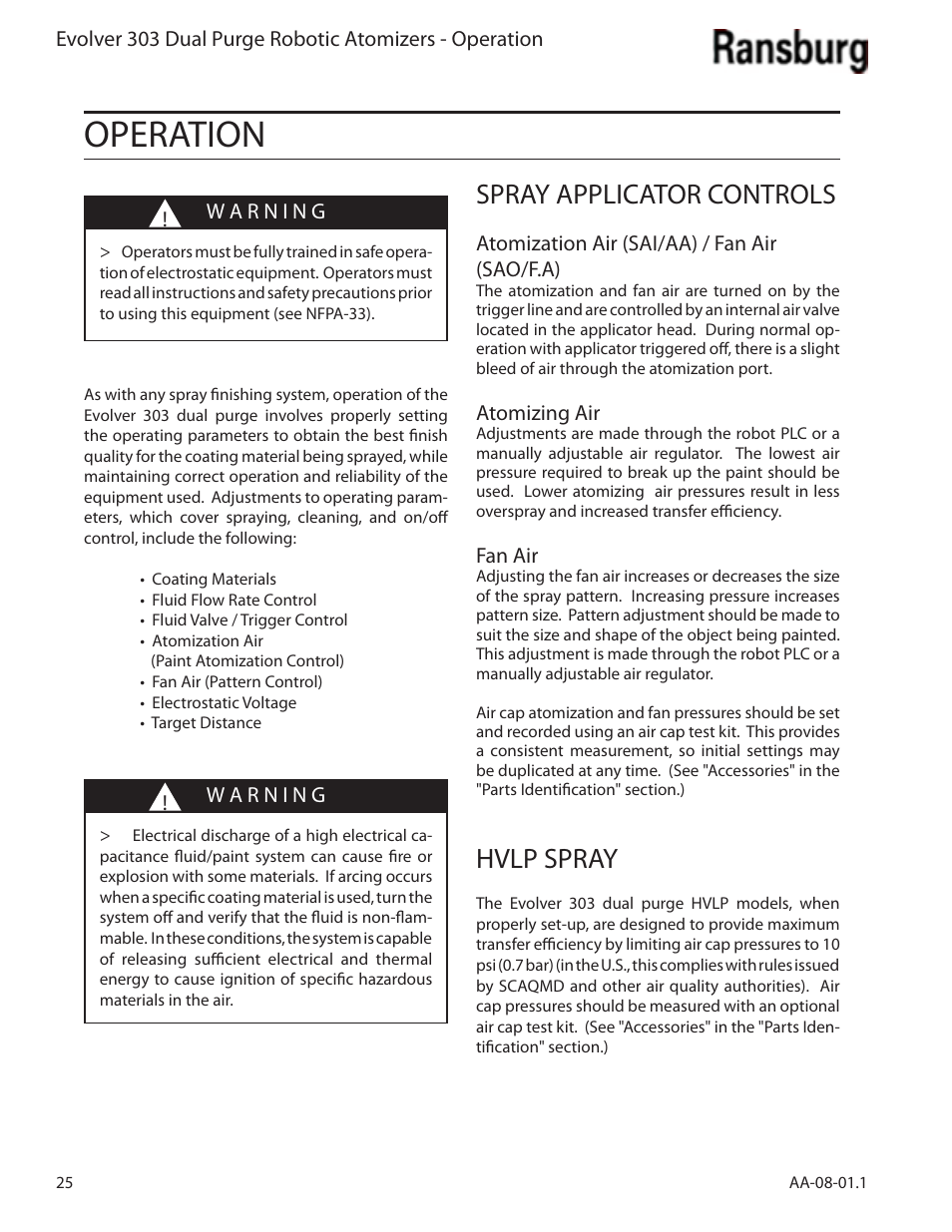 Operation, Spray applicator controls, Hvlp spray | Ransburg Evolver 303 Dual Purge Solvent Robotic Applicator A12374-XXX User Manual | Page 30 / 86
