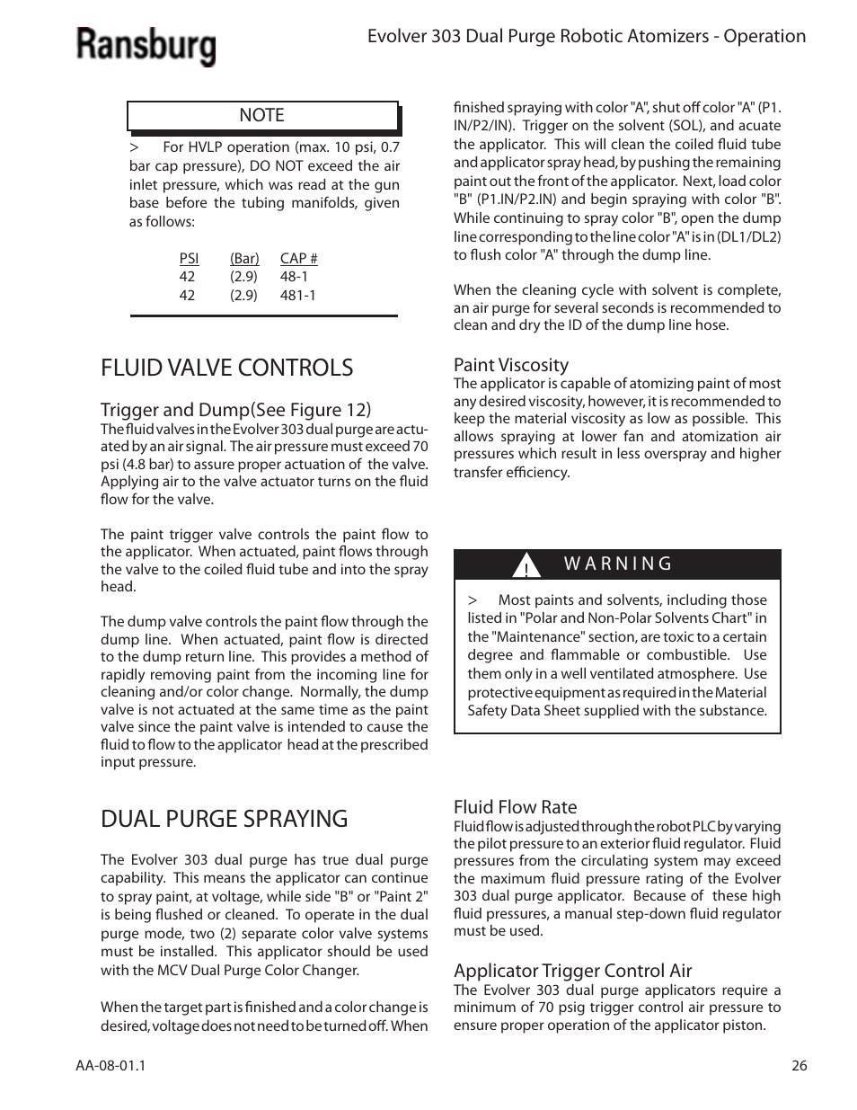 Fluid valve controls, Dual purge spraying | Ransburg Evolver 303 Dual Purge Solvent Robotic Applicator A12374-XXX User Manual | Page 31 / 86