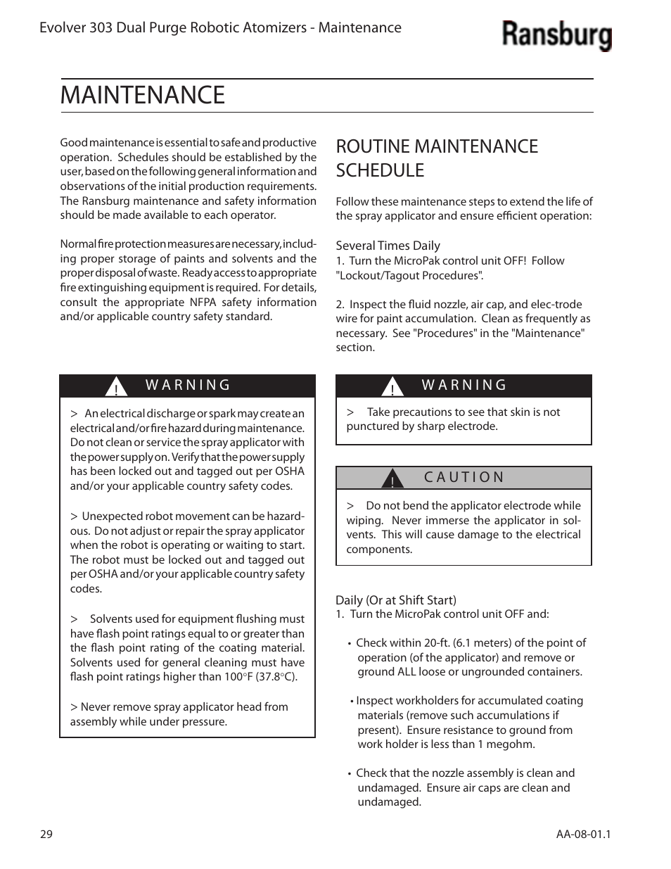 Maintenance, Routine maintenance schedule | Ransburg Evolver 303 Dual Purge Solvent Robotic Applicator A12374-XXX User Manual | Page 34 / 86