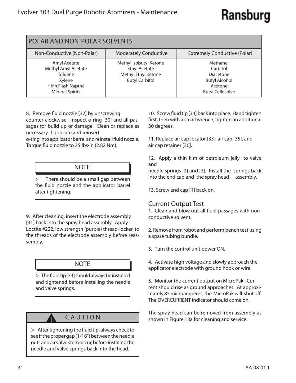 Current output test, Polar and non-polar solvents | Ransburg Evolver 303 Dual Purge Solvent Robotic Applicator A12374-XXX User Manual | Page 36 / 86