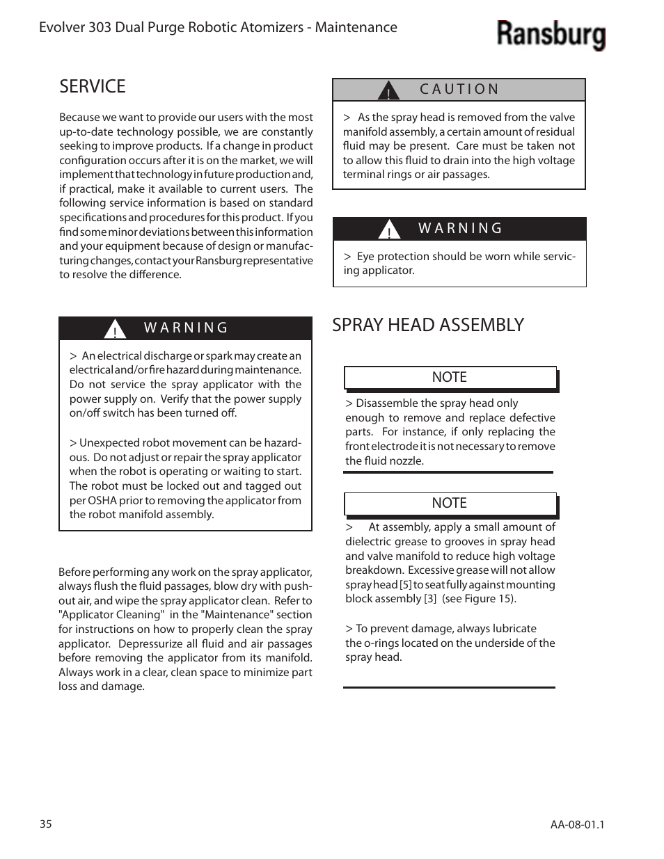 Service, Spray head assembly | Ransburg Evolver 303 Dual Purge Solvent Robotic Applicator A12374-XXX User Manual | Page 40 / 86