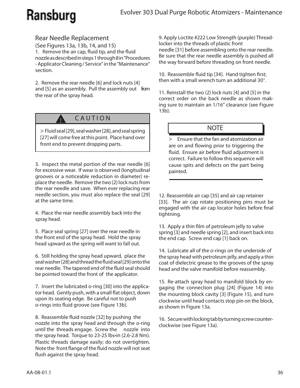 Rear needle replacement | Ransburg Evolver 303 Dual Purge Solvent Robotic Applicator A12374-XXX User Manual | Page 41 / 86