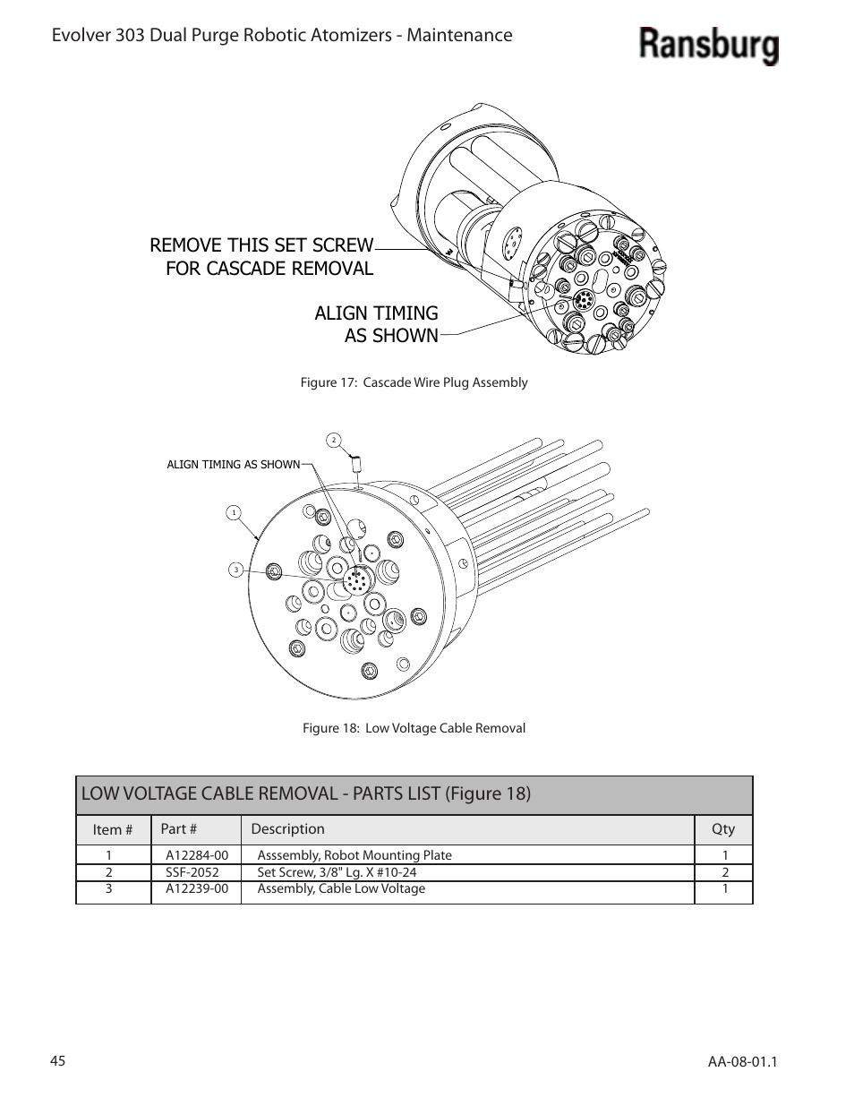 Low voltage cable removal - parts list (figure 18) | Ransburg Evolver 303 Dual Purge Solvent Robotic Applicator A12374-XXX User Manual | Page 50 / 86