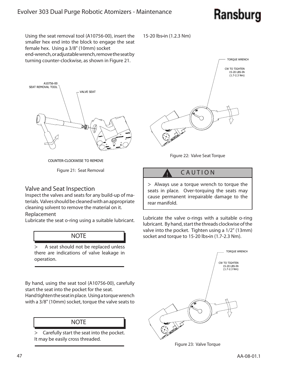 Valve and seat inspection | Ransburg Evolver 303 Dual Purge Solvent Robotic Applicator A12374-XXX User Manual | Page 52 / 86