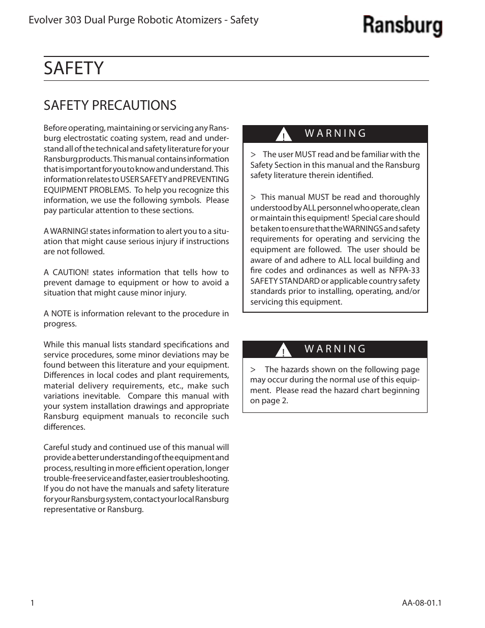 Safety, Safety precautions | Ransburg Evolver 303 Dual Purge Solvent Robotic Applicator A12374-XXX User Manual | Page 6 / 86