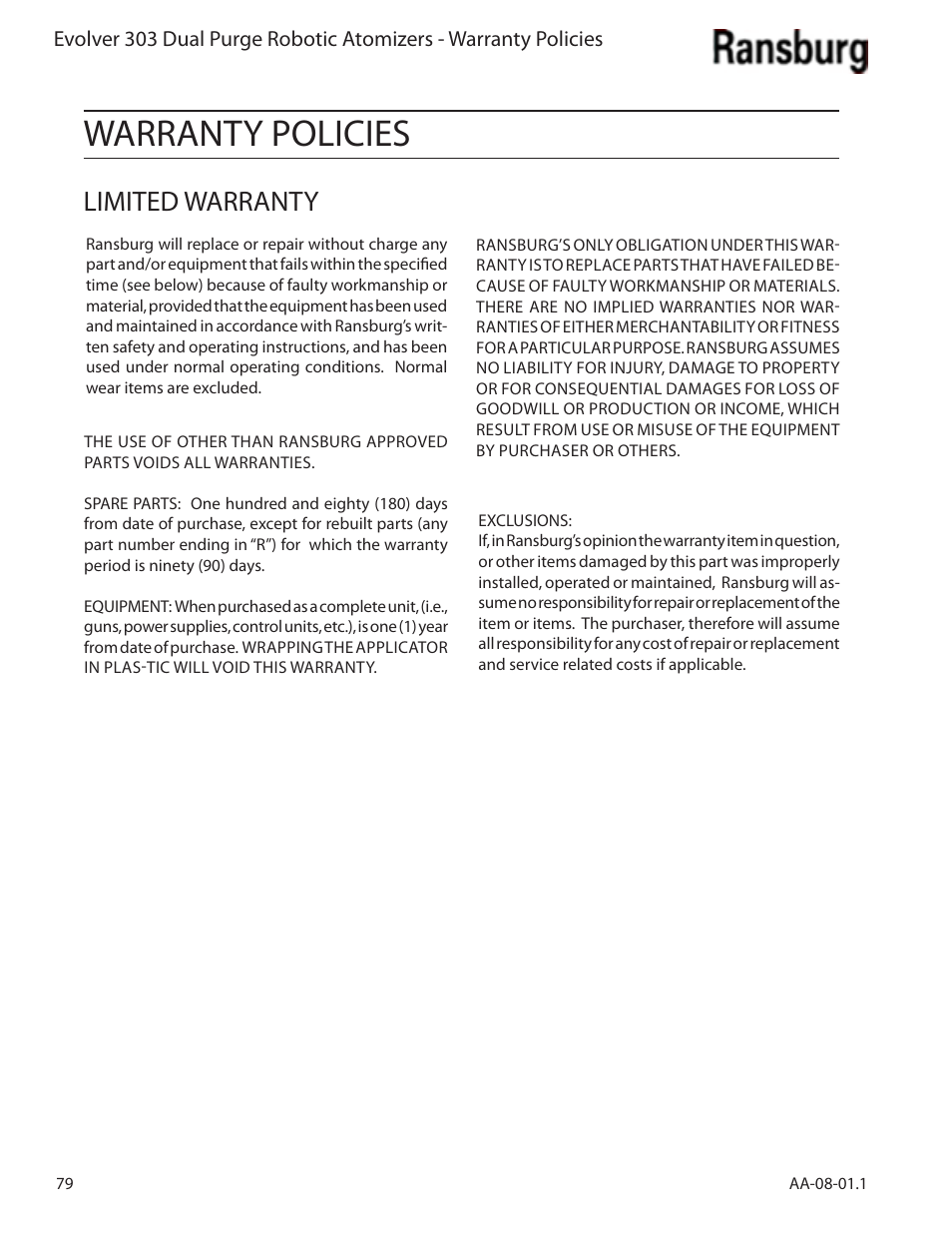 Warranty policies, Limited warranty | Ransburg Evolver 303 Dual Purge Solvent Robotic Applicator A12374-XXX User Manual | Page 84 / 86