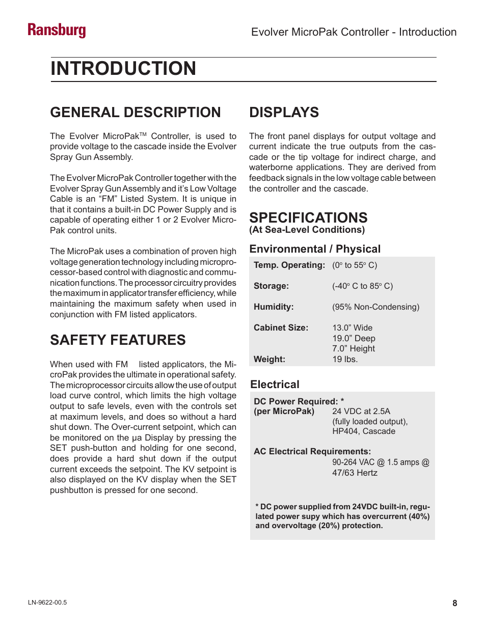 Introduction, Ransburg, Specifications | General description, Safety features, Displays, Environmental / physical electrical, Evolver micropak controller - introduction | Ransburg Evolver MicroPak Controller A10406 User Manual | Page 11 / 37