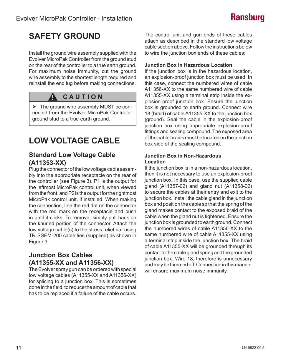 Ransburg, Safety ground, Low voltage cable | Ransburg Evolver MicroPak Controller A10406 User Manual | Page 14 / 37