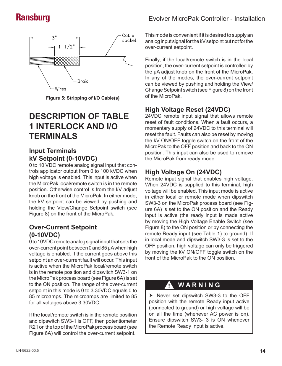 Ransburg, Description of table 1 interlock and i/o terminals | Ransburg Evolver MicroPak Controller A10406 User Manual | Page 17 / 37