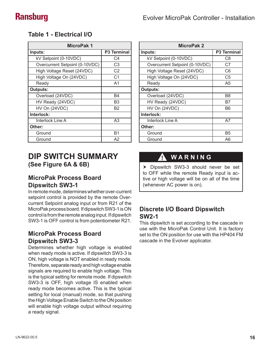 Ransburg, Dip switch summary, Micropak process board dipswitch sw3-3 | Evolver micropak controller - installation | Ransburg Evolver MicroPak Controller A10406 User Manual | Page 19 / 37