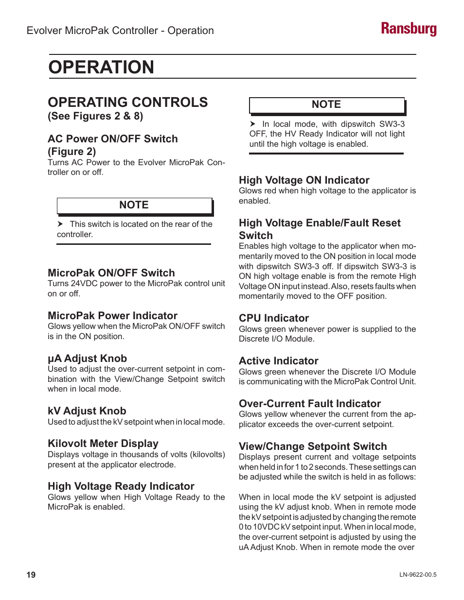 Operation, Ransburg, Operating controls | Ransburg Evolver MicroPak Controller A10406 User Manual | Page 22 / 37