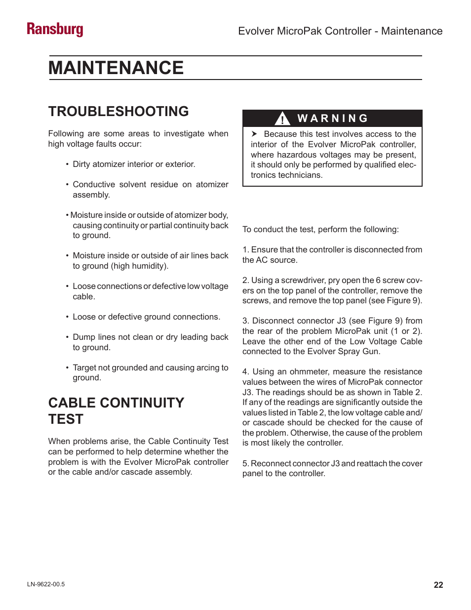 Maintenance, Ransburg, Troubleshooting | Cable continuity test | Ransburg Evolver MicroPak Controller A10406 User Manual | Page 25 / 37