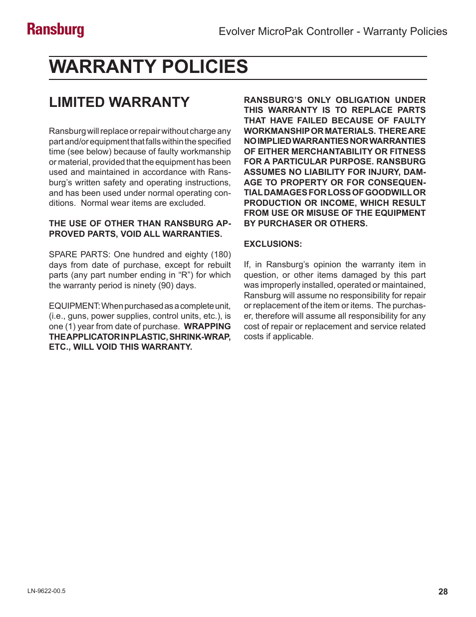 Warranty policies, Ransburg, Limited warranty | Ransburg Evolver MicroPak Controller A10406 User Manual | Page 31 / 37