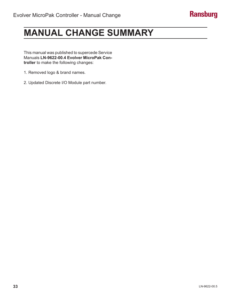 Manual change summary, Ransburg | Ransburg Evolver MicroPak Controller A10406 User Manual | Page 36 / 37