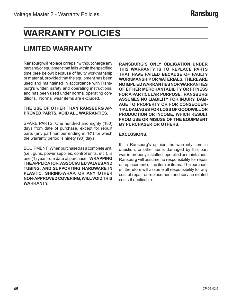 Warranty policies, Ransburg, Limited warranty | Ransburg Voltage Master 2 78789_LEPS5001 User Manual | Page 49 / 51