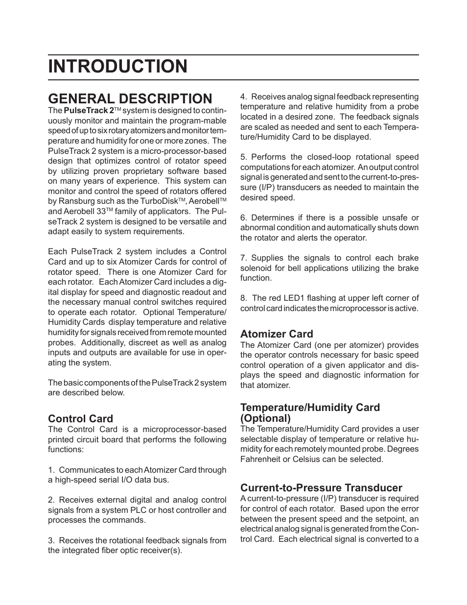 Introduction, General description, Control card | Atomizer card, Temperature/humidity card (optional), Current-to-pressure transducer | Ransburg PulseTrack2 A11515-XXXXX User Manual | Page 10 / 58