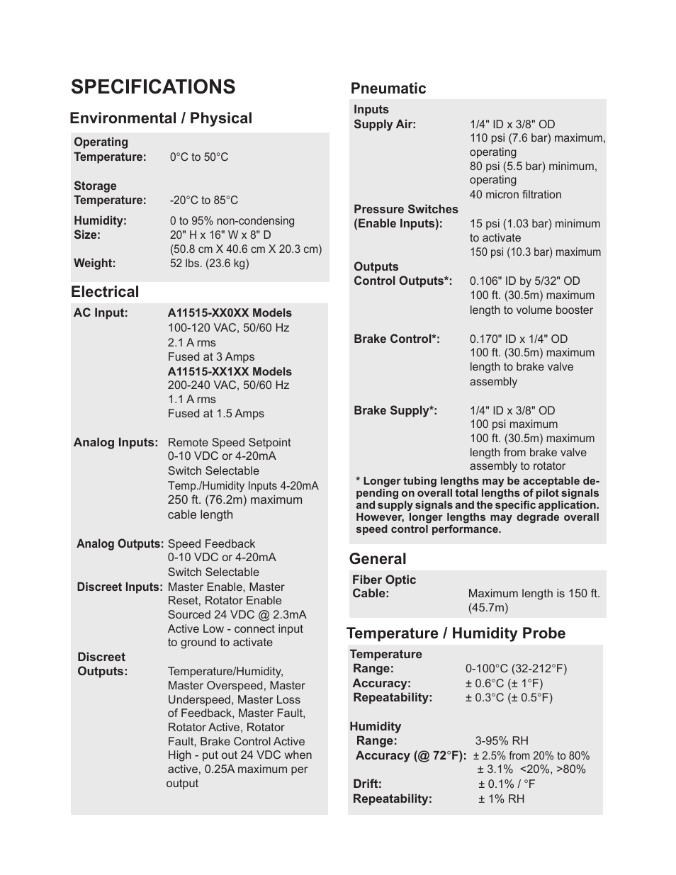 Specifications, Electrical, Pneumatic | General, Temperature / humidity probe, Environmental / physical | Ransburg PulseTrack2 A11515-XXXXX User Manual | Page 12 / 58