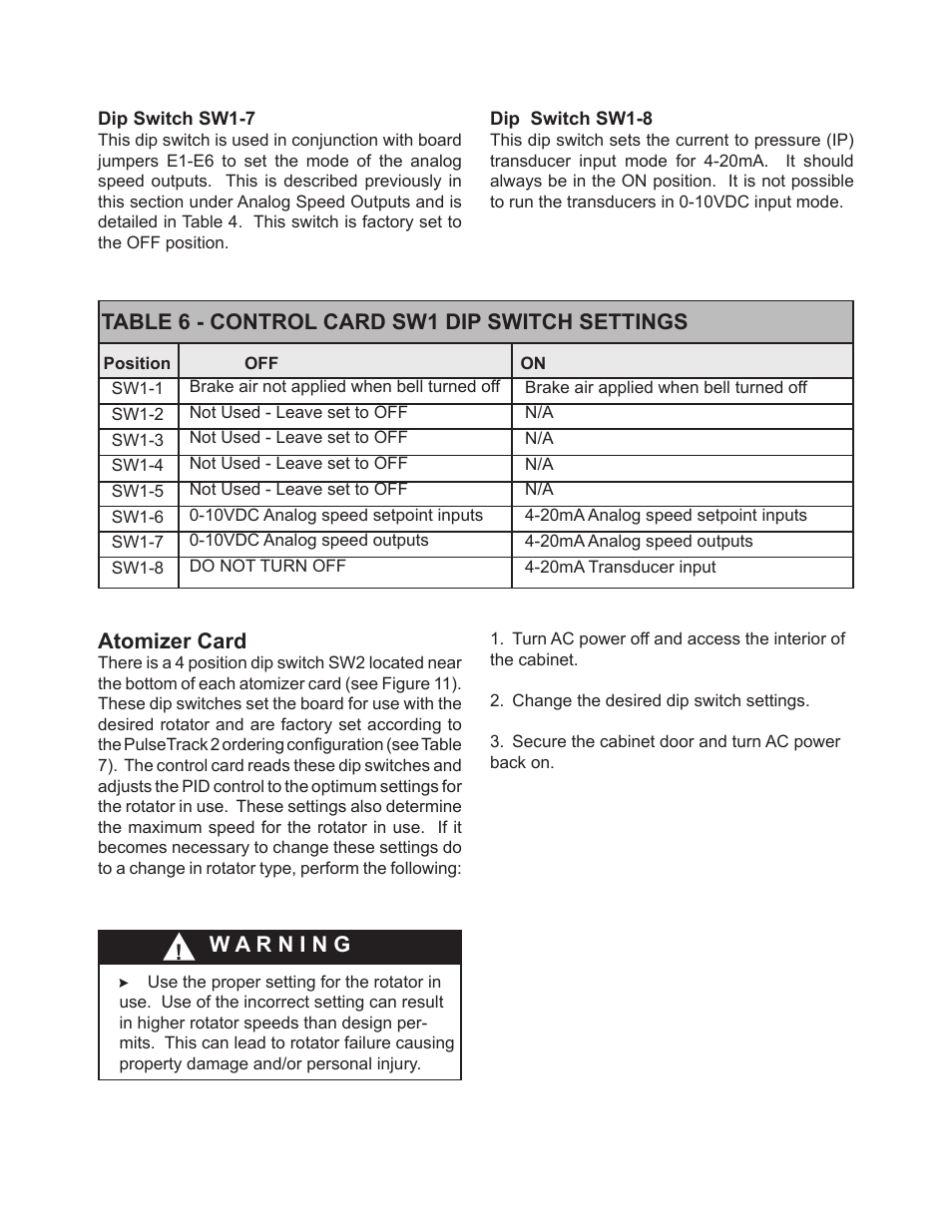 Table 6 - control card sw1 dip switch settings, Atomizer card | Ransburg PulseTrack2 A11515-XXXXX User Manual | Page 29 / 58