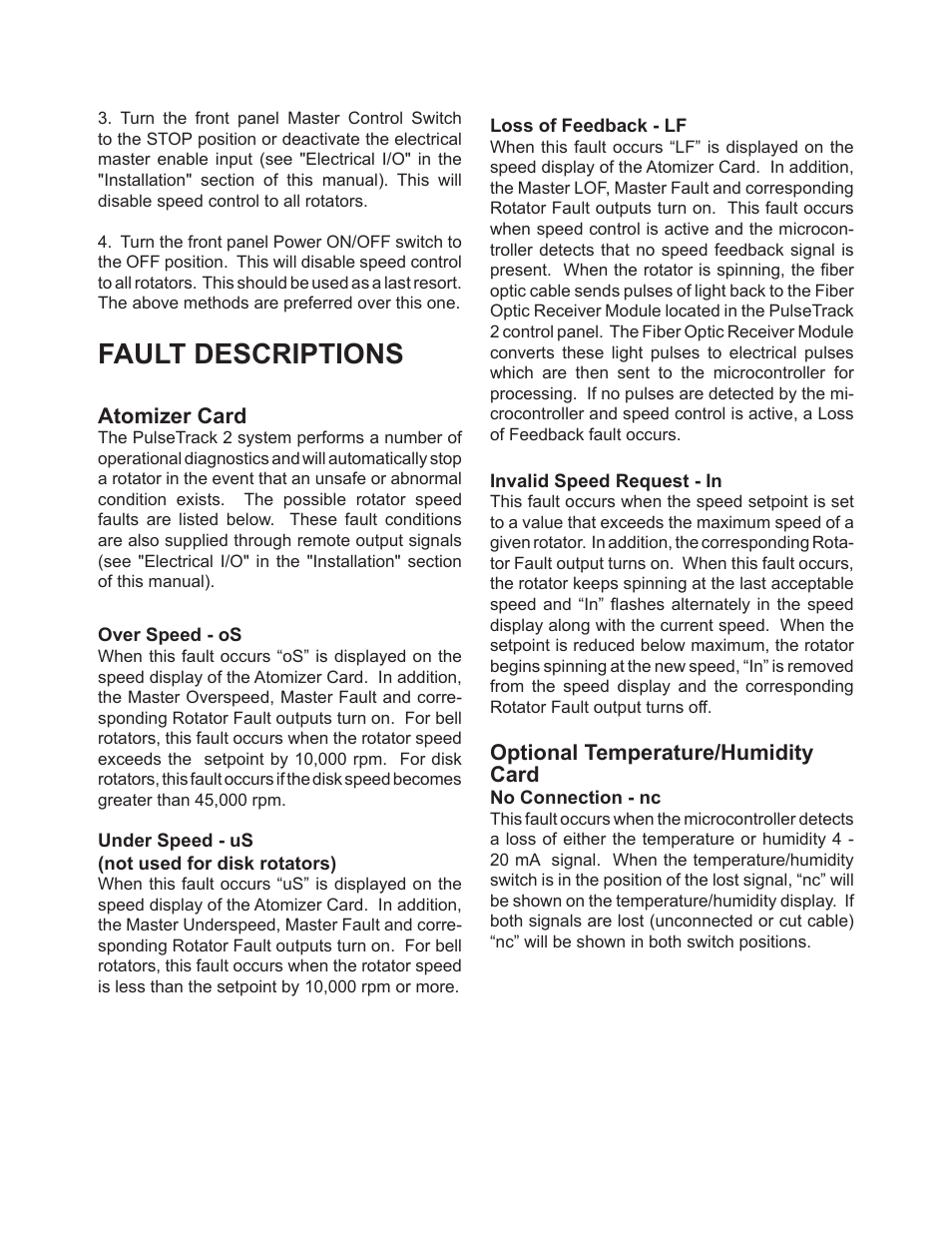 Fault descriptions, Atomizer card, Optional temperature/humidity card | Ransburg PulseTrack2 A11515-XXXXX User Manual | Page 35 / 58