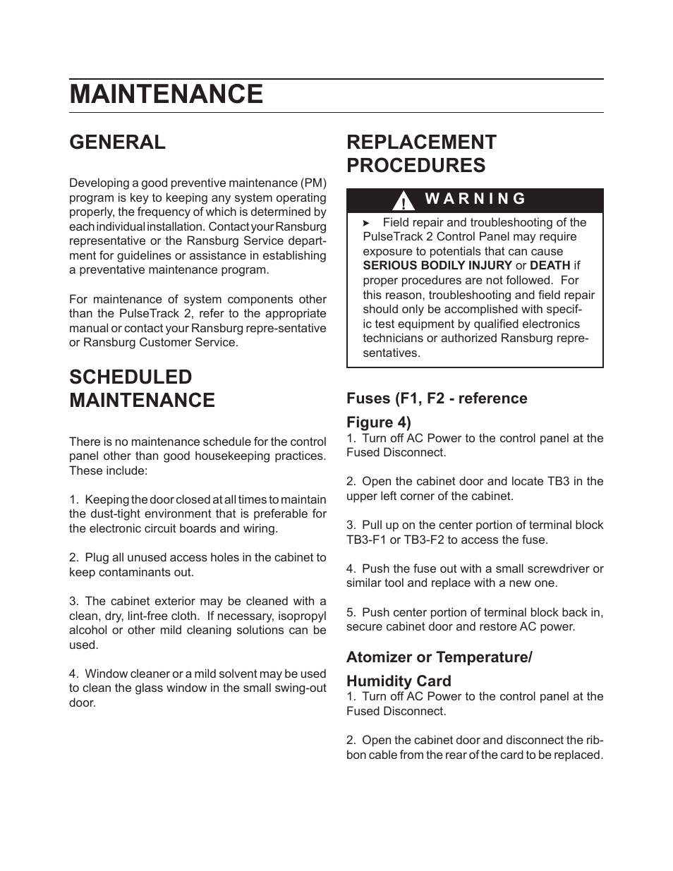 Maintenance, General, Scheduled maintenance | Replacement procedures | Ransburg PulseTrack2 A11515-XXXXX User Manual | Page 37 / 58