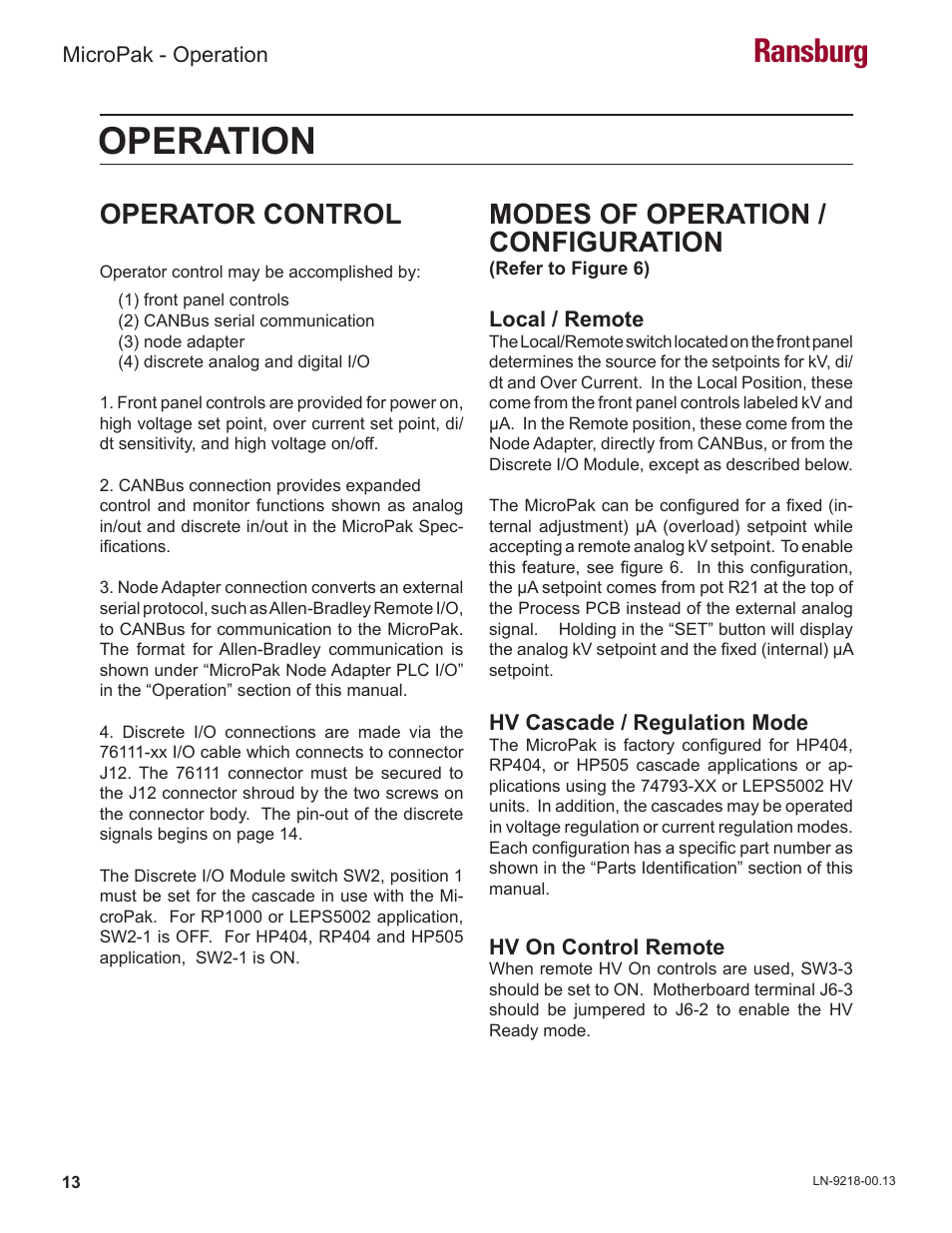 Operation, Ransburg, Operator control | Modes of operation / configuration | Ransburg MicroPak LECU5004 User Manual | Page 16 / 39