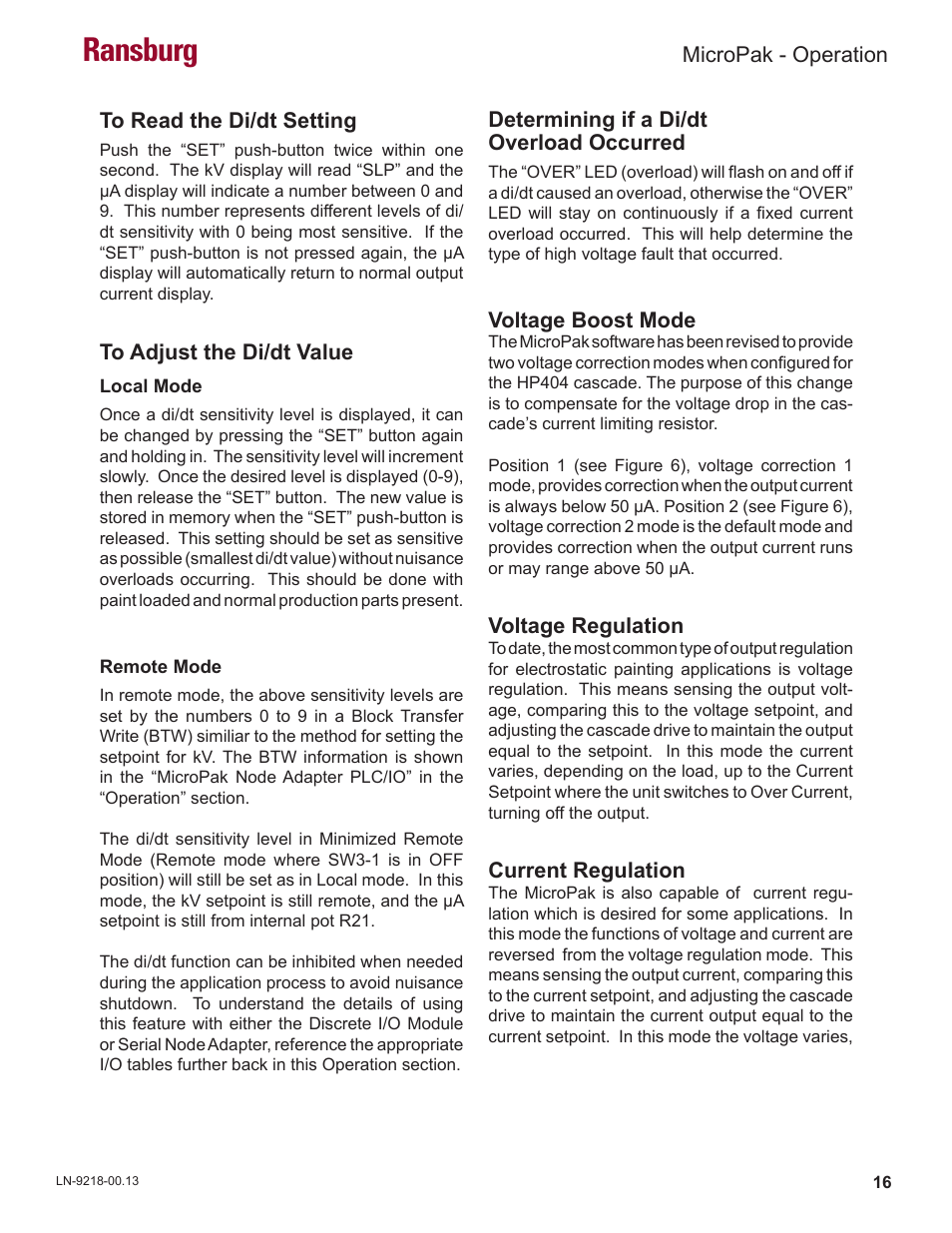 Ransburg, Micropak - operation, Determining if a di/dt overload occurred | Voltage boost mode, Voltage regulation, Current regulation | Ransburg MicroPak LECU5004 User Manual | Page 19 / 39