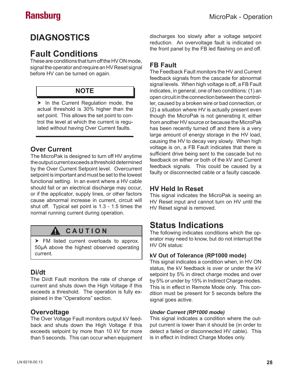 Ransburg, Diagnostics fault conditions, Status indications | Ransburg MicroPak LECU5004 User Manual | Page 31 / 39