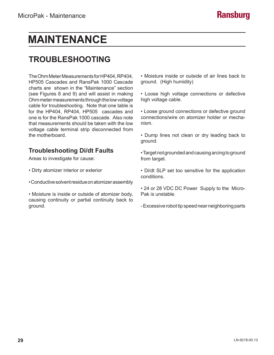 Maintenance, Ransburg, Troubleshooting | Ransburg MicroPak LECU5004 User Manual | Page 32 / 39
