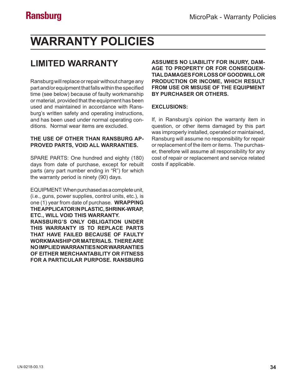 Warranty policies, Ransburg, Limited warranty | Ransburg MicroPak LECU5004 User Manual | Page 37 / 39