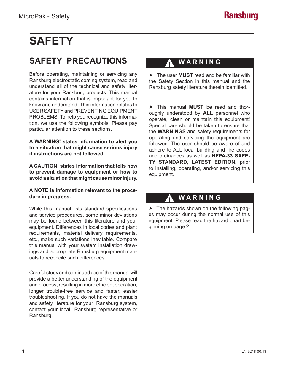 Safety, Ransburg, Safety precautions | Ransburg MicroPak LECU5004 User Manual | Page 4 / 39