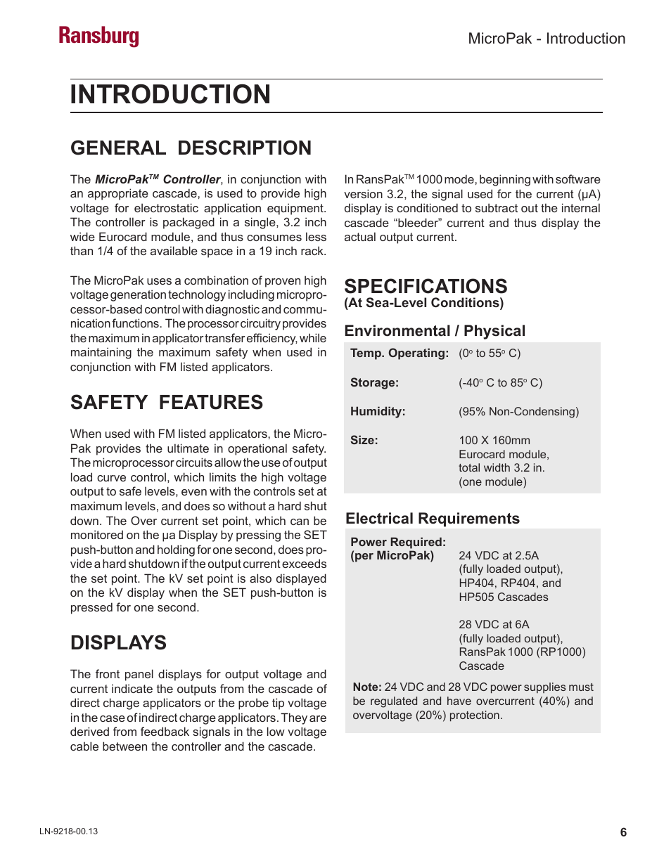 Introduction, Ransburg, Specifications | General description, Safety features, Displays, Micropak - introduction, Environmental / physical electrical requirements | Ransburg MicroPak LECU5004 User Manual | Page 9 / 39