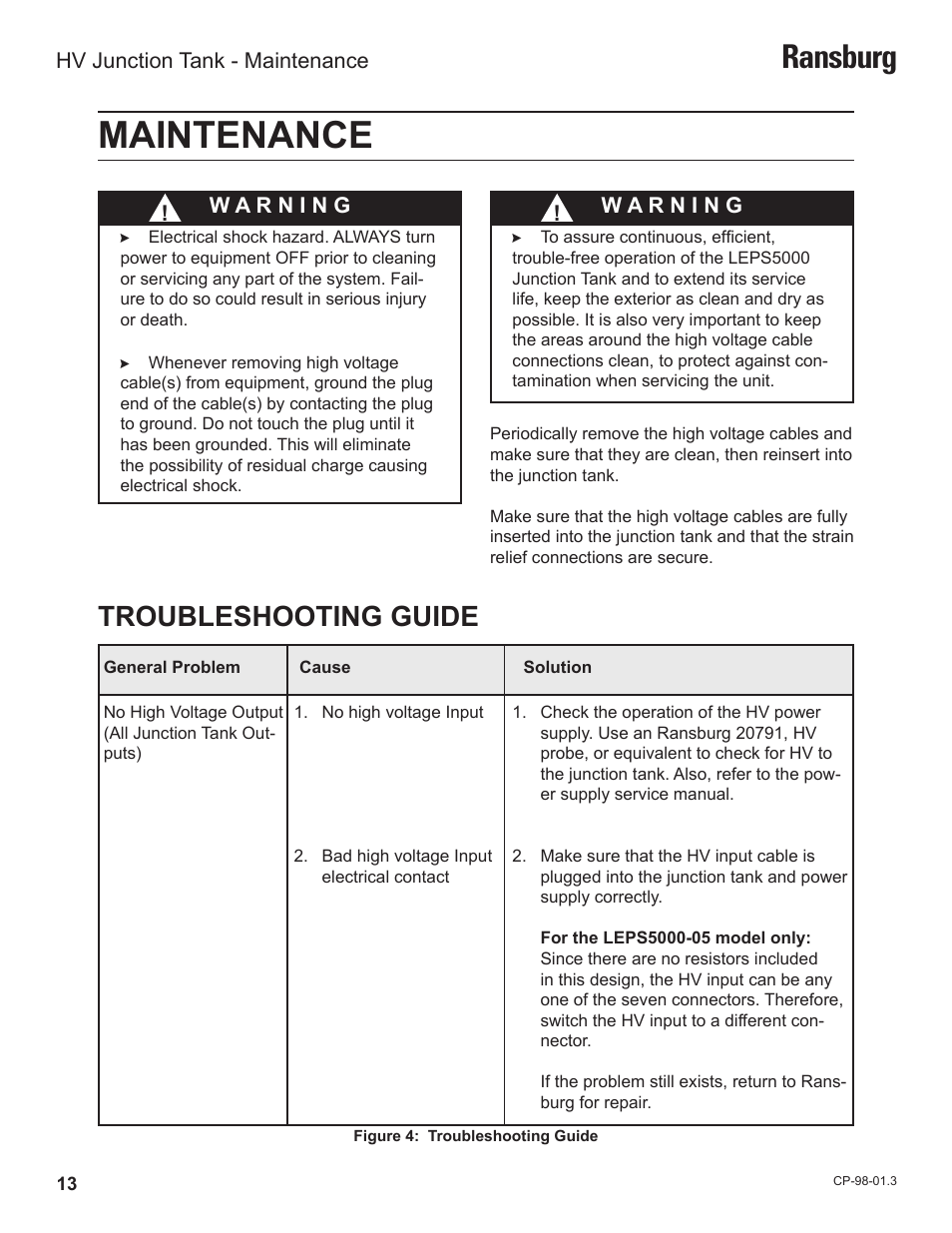 Maintenance, Ransburg, Troubleshooting guide | Ransburg HV Junctin Tank LEPS5000 User Manual | Page 16 / 26