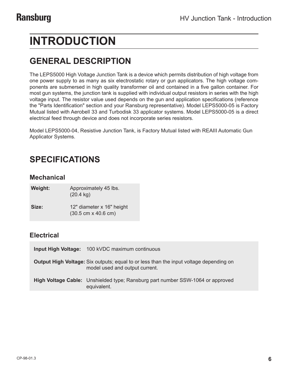 Introduction, Ransburg, Specifications | General description | Ransburg HV Junctin Tank LEPS5000 User Manual | Page 9 / 26