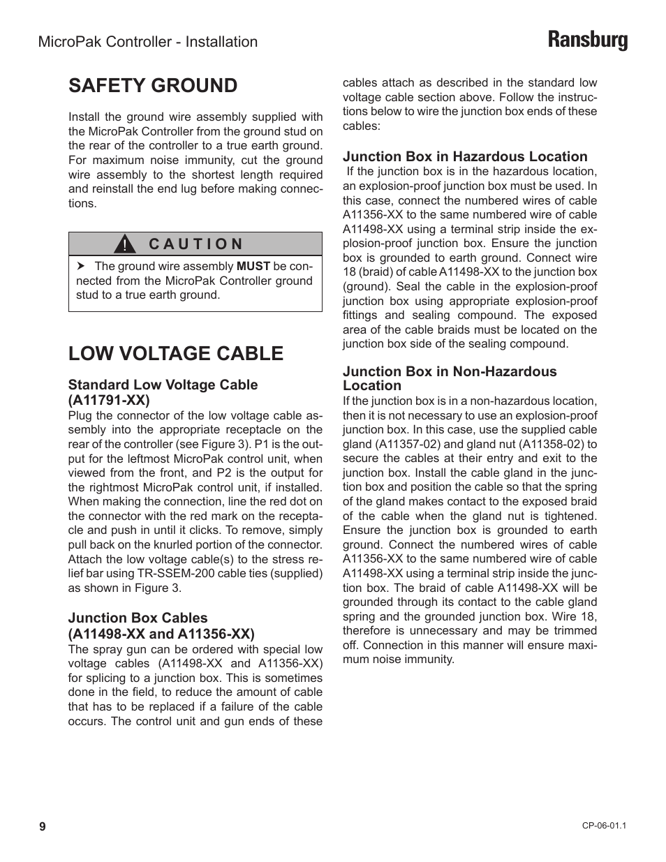Ransburg, Safety ground, Low voltage cable | Ransburg MicroPak Controller A11789 User Manual | Page 11 / 34