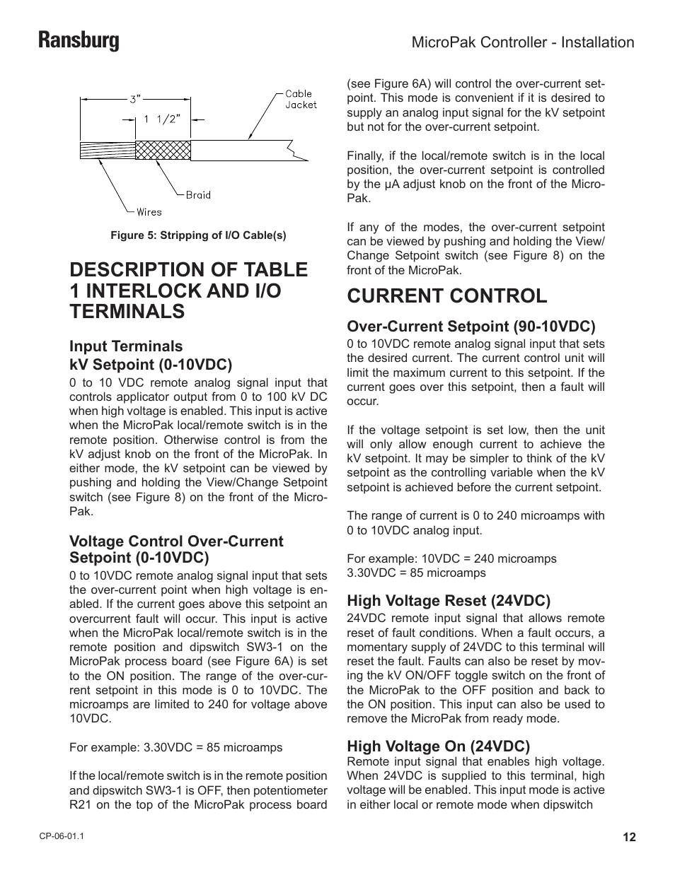 Ransburg, Description of table 1 interlock and i/o terminals, Current control | Ransburg MicroPak Controller A11789 User Manual | Page 14 / 34