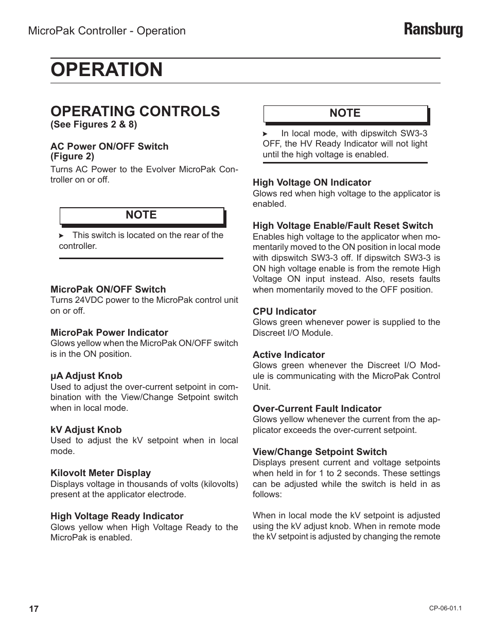 Operation, Ransburg, Operating controls | Ransburg MicroPak Controller A11789 User Manual | Page 19 / 34
