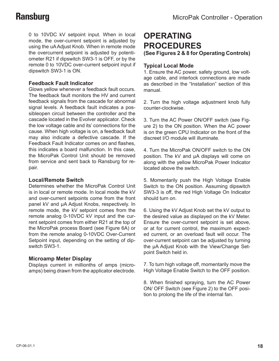 Ransburg, Operating procedures, Micropak controller - operation | Ransburg MicroPak Controller A11789 User Manual | Page 20 / 34