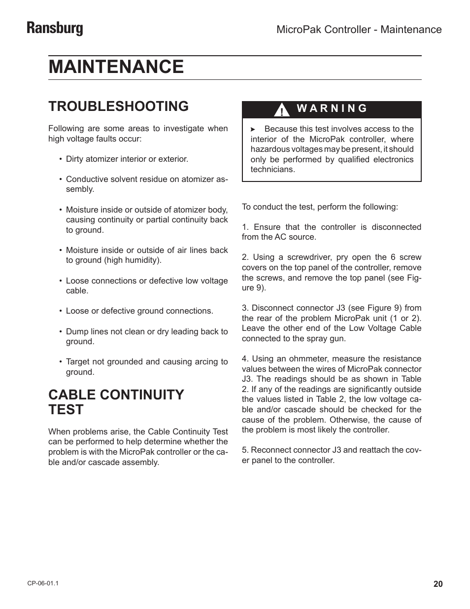 Maintenance, Ransburg, Troubleshooting | Cable continuity test | Ransburg MicroPak Controller A11789 User Manual | Page 22 / 34